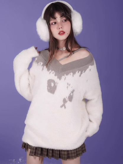 Fluffy Spotted Cat V-Neck Sweater