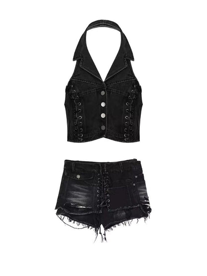 Punk Retro Summer Slim Backless Vest Set