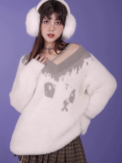 Fluffy Spotted Cat V-Neck Sweater