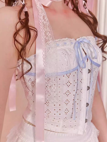 Embroidery Hollow Lace Bow Tie Top