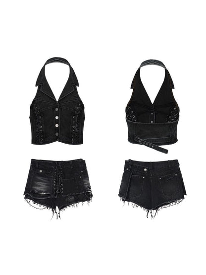 Punk Retro Summer Slim Backless Vest Set