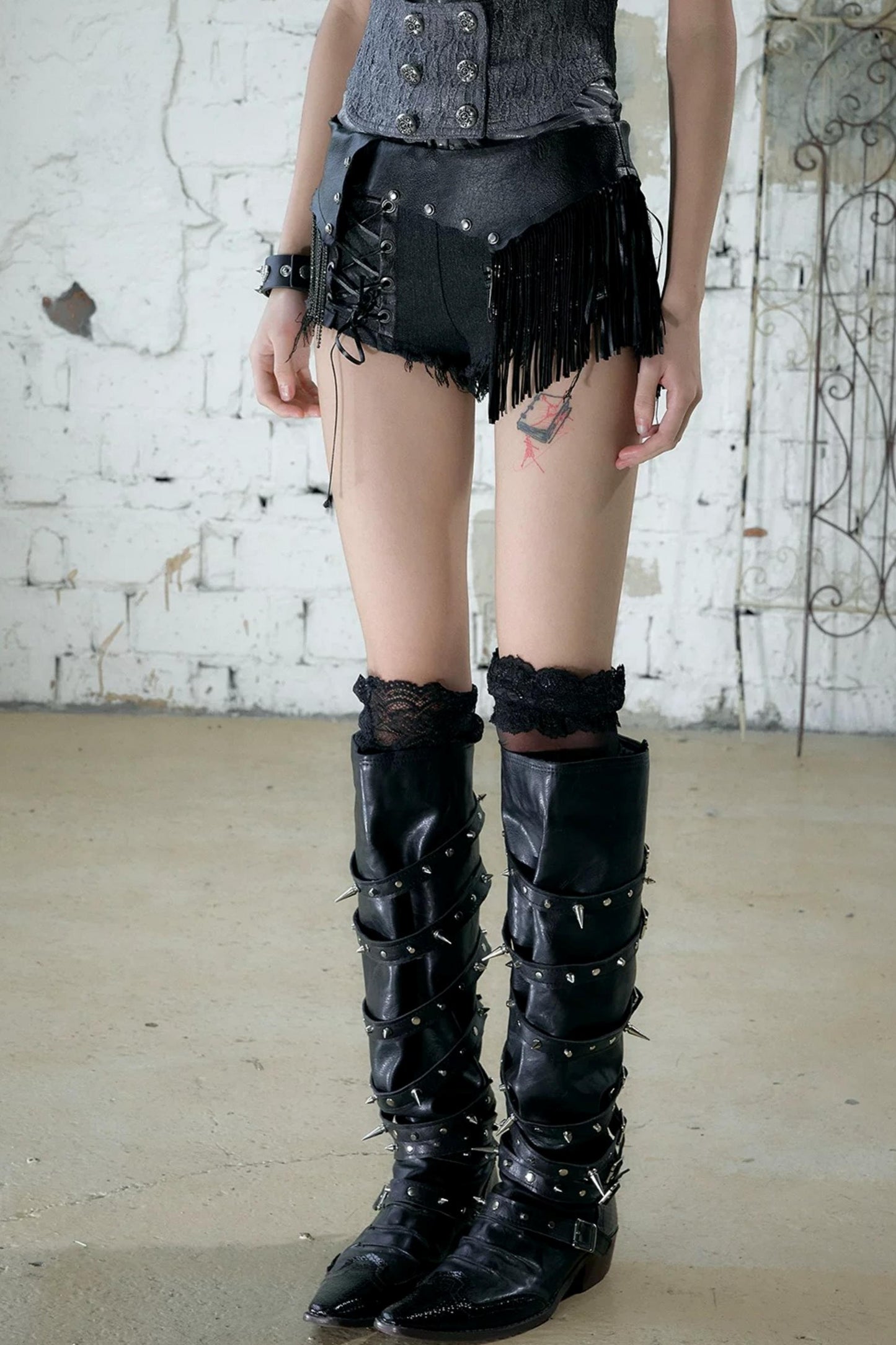 Punk Chain Leather Denim Shorts