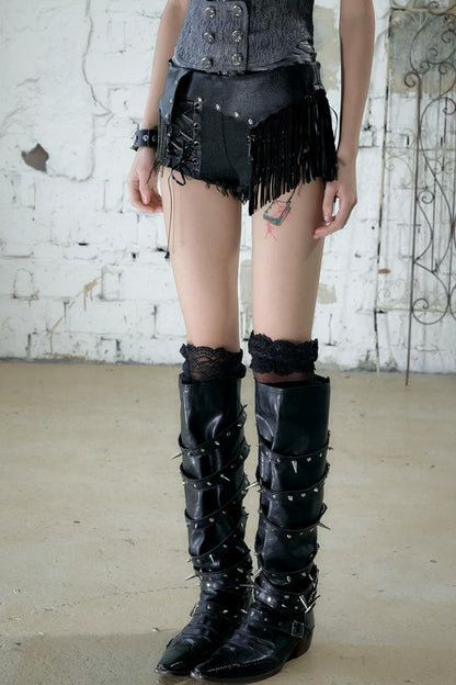 Punk Chain Leather Denim Shorts