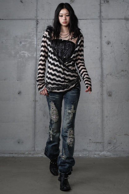 Bandeau Fake Two-Piece Striped Knit Top Set