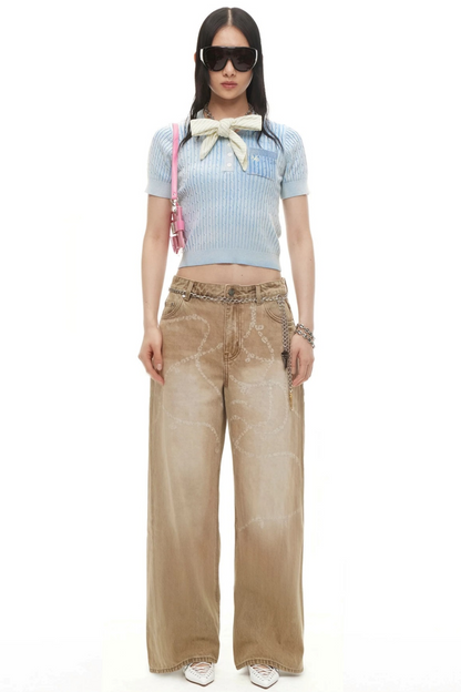 Wide-Leg Diamond Chain Jeans