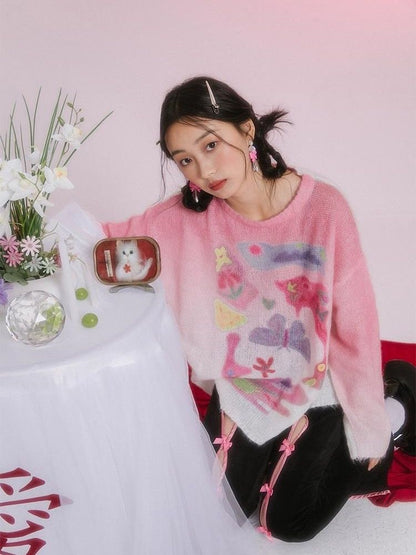 Romantic Butterfly Print Thin Sweater