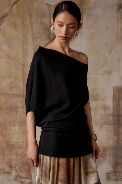 Black Shoulder Irregular Design T-Shirt