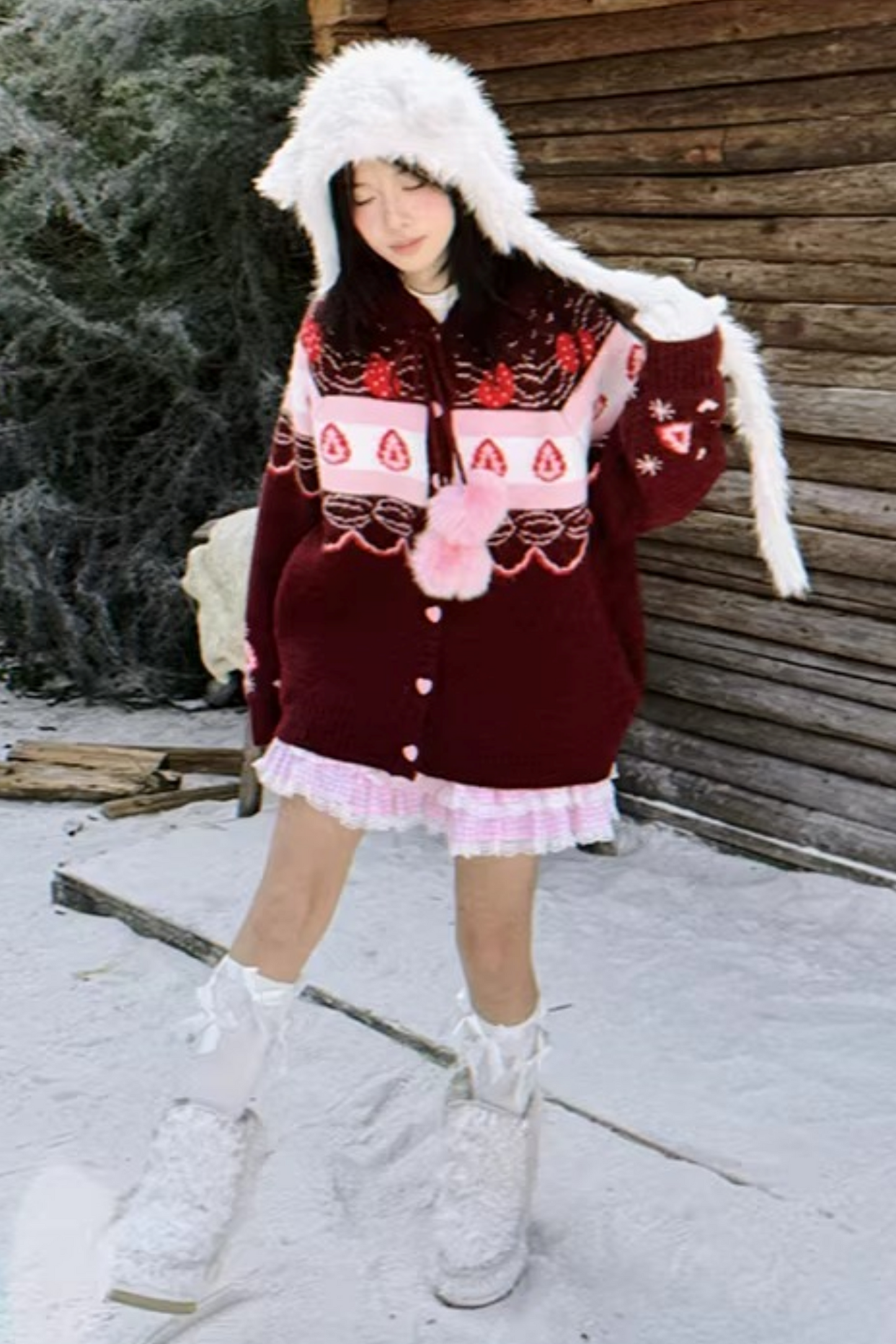 Fair Isle Strickjacke mit Erdbeermuster