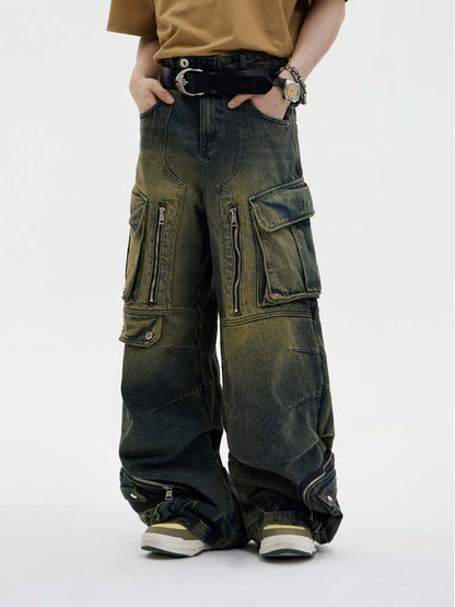 Multi Pocket Retro Wide Leg Denim Pants