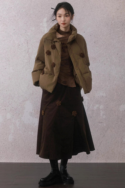 Three-Dimensional Floral Corduroy Skirt