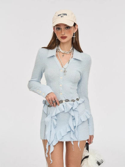 Knit Lapel Cardigan Top Wrap Hip Short Skirt