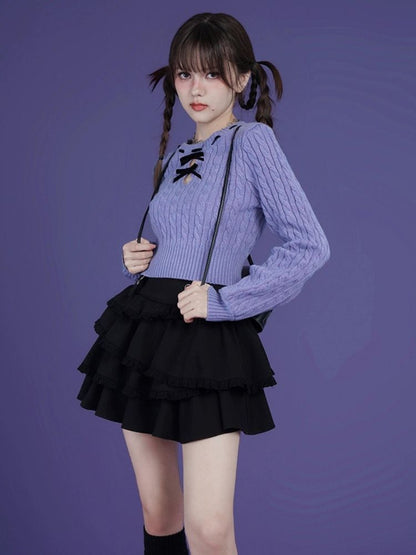 Blue-purple bow twist short sweater