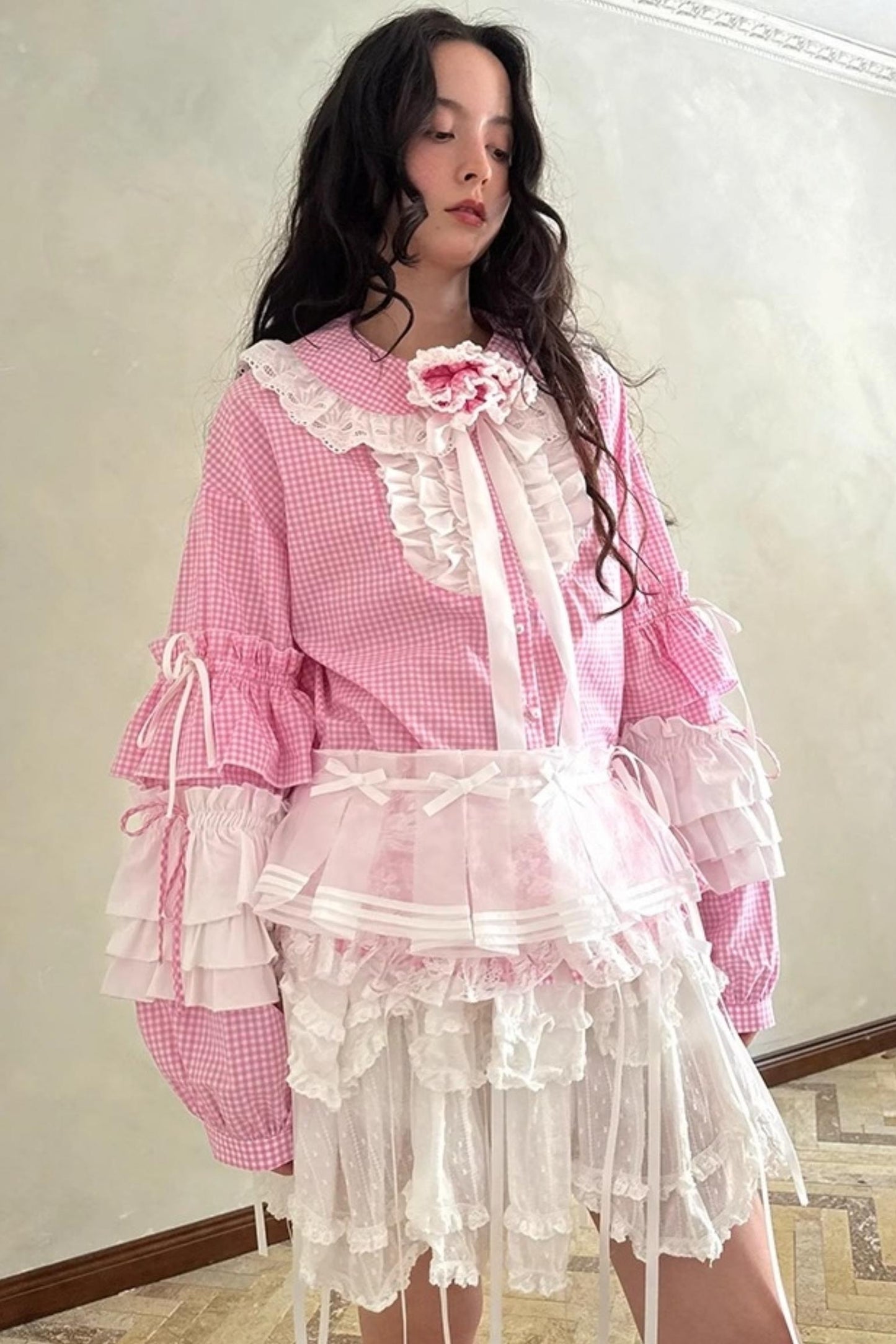 Pink-White Plaid Lace Shirt