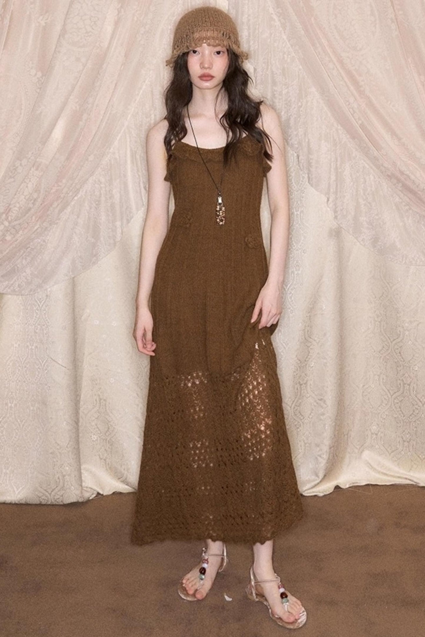 Crochet Knit Camisole Dress Cardigan Set-Up