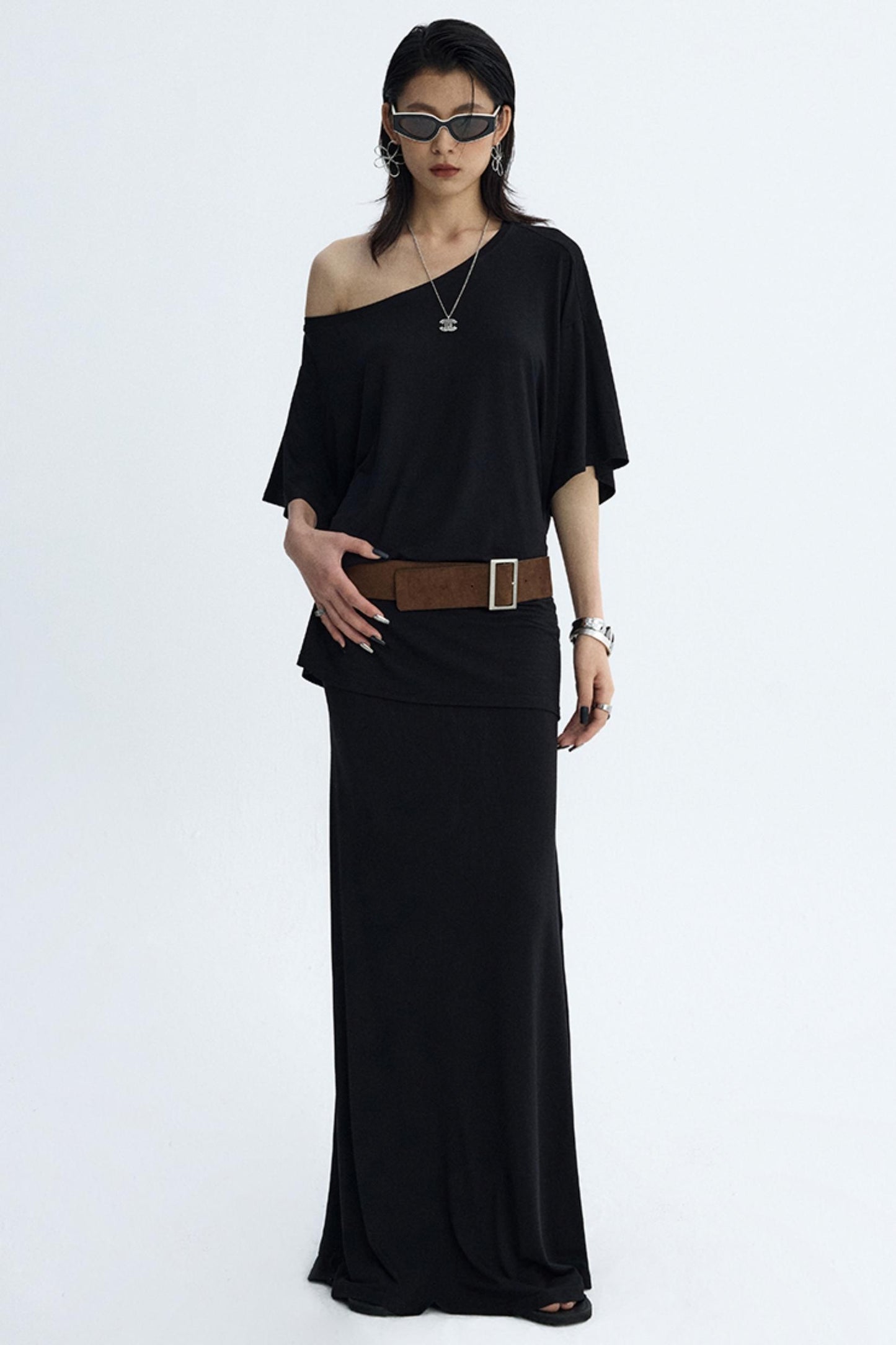 Black Draped Maxi Skirt