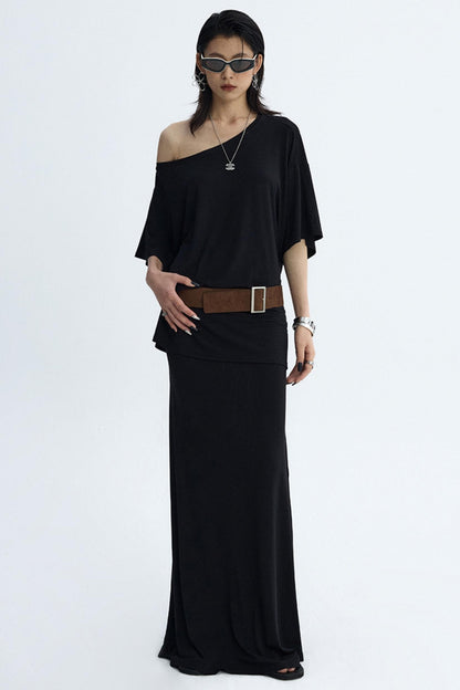 Black Draped Maxi Skirt