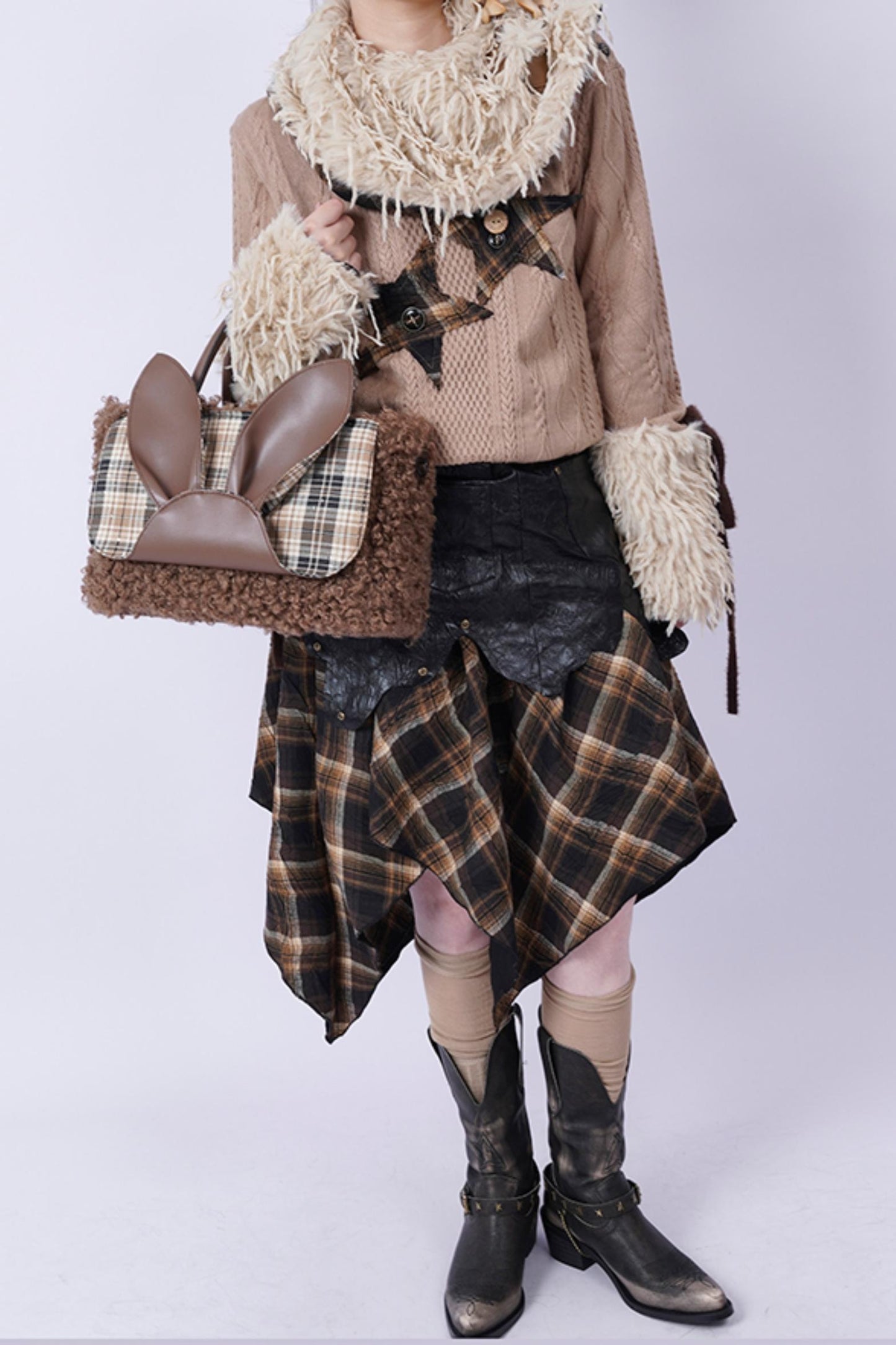 Plaid Rabbit Fur Tote Bag
