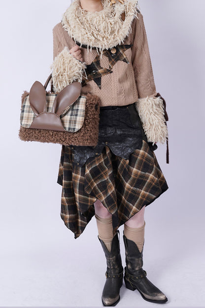 Plaid Rabbit Fur Tote Bag
