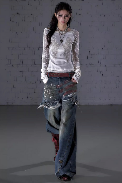 Retro Print Denim Pants