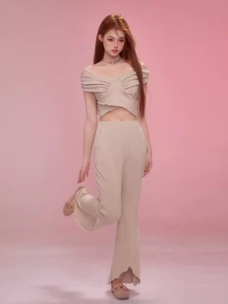 One Shoulder Halter Top Split Flare Pants Set