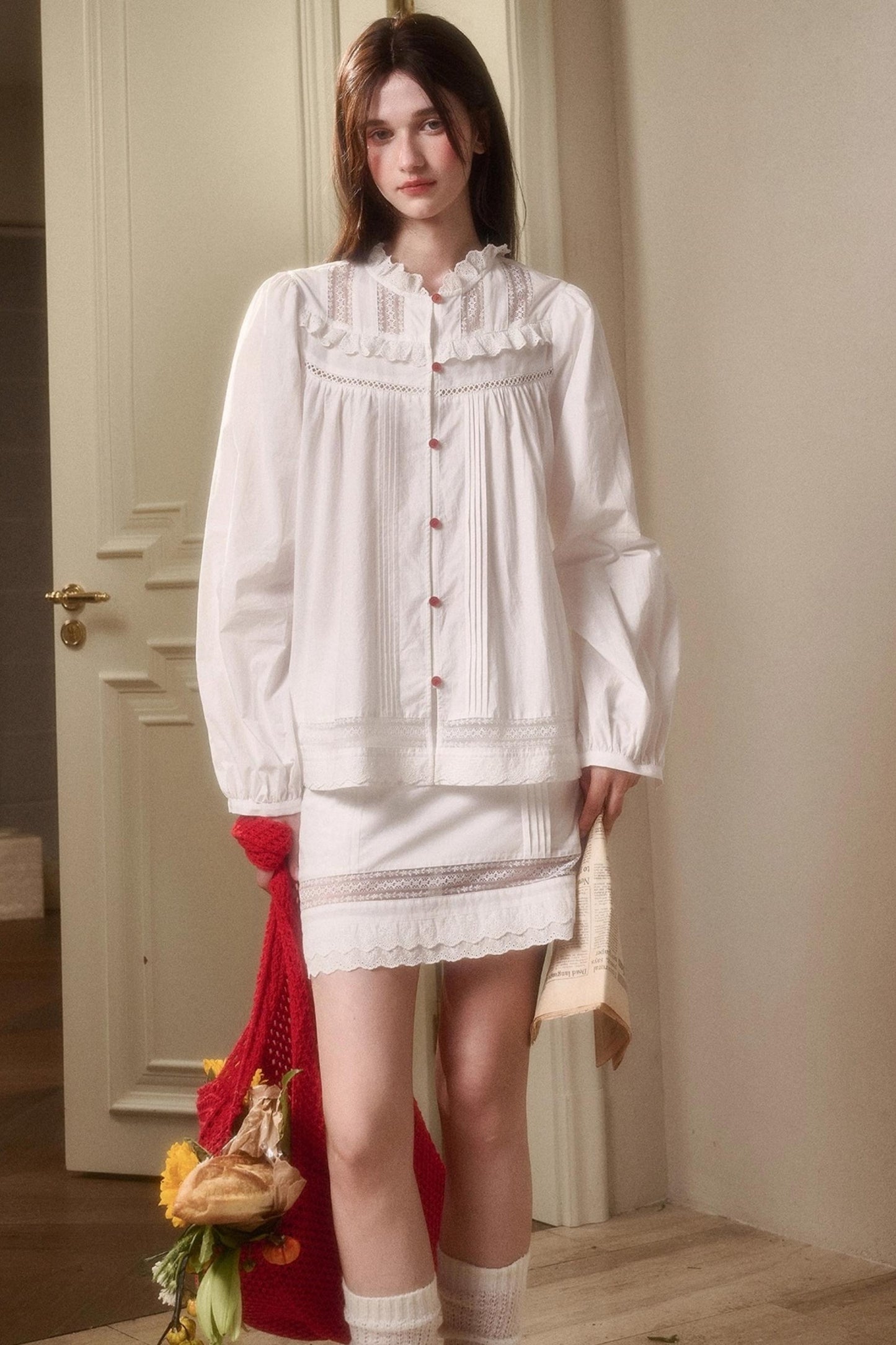 Cotton Lace Shirt With Skirt Set-Up