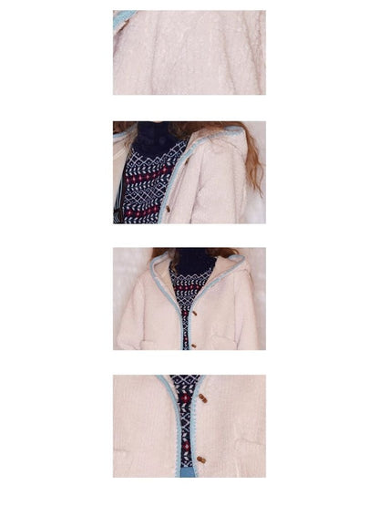 Lace Cowl Button Hooded Short Jacket