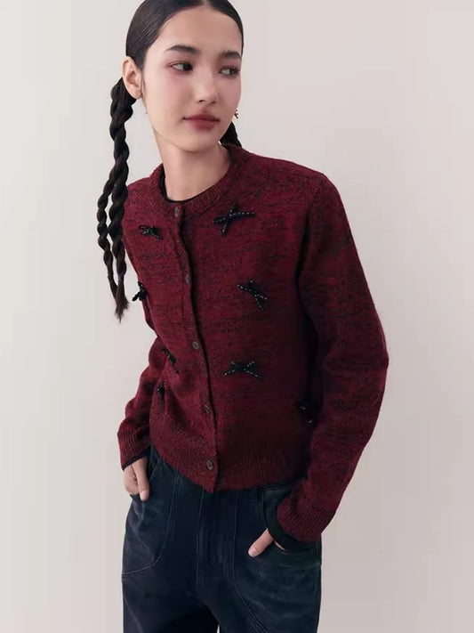 Schleifenkragen kurzer gestrickter Cardigan 