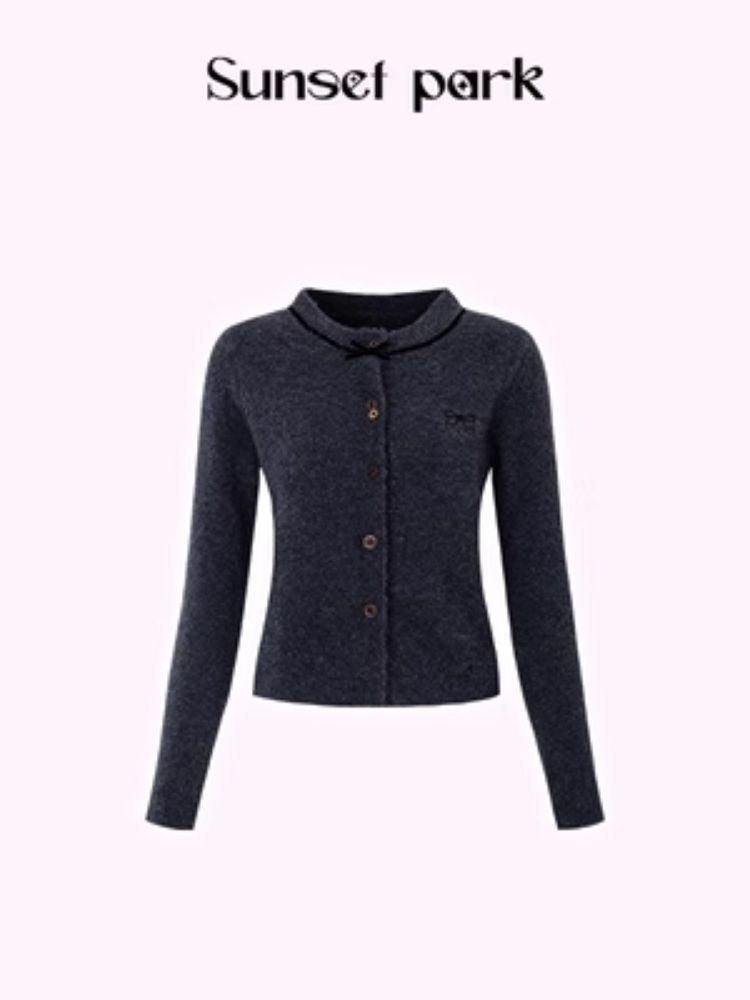 Embroidered Velvet Bow College Slim Sweater Cardigan