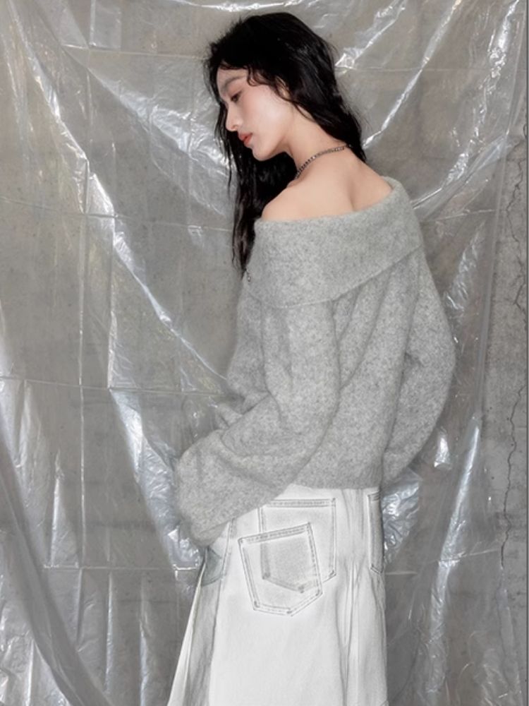 One-line neck strapless sweater