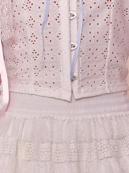 Embroidery Hollow Lace Bow Tie Top