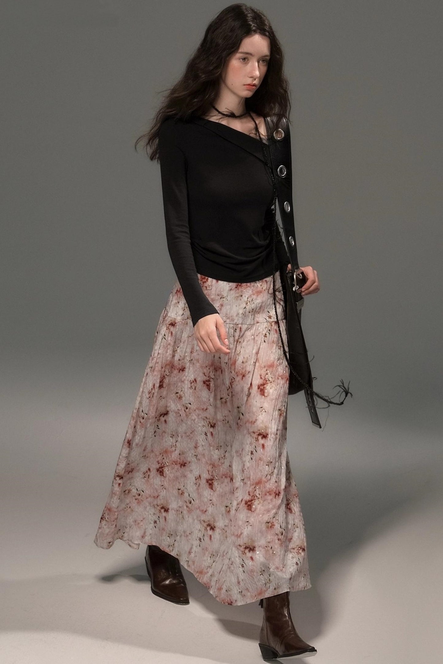 Slanted Shoulder Knit Top Skirt Set-Up