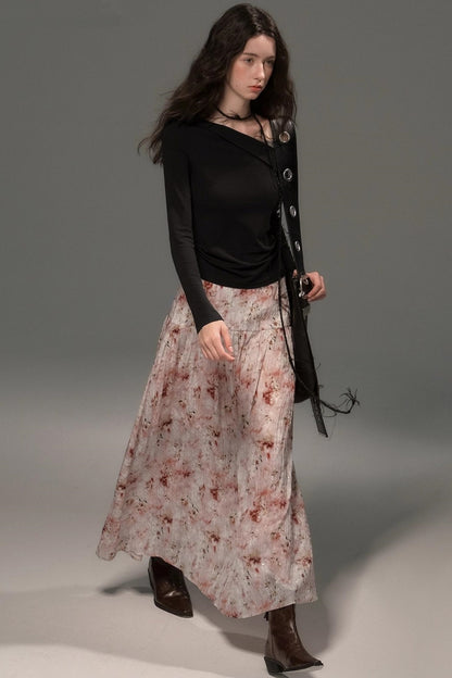 Slanted Shoulder Knit Top Skirt Set-Up