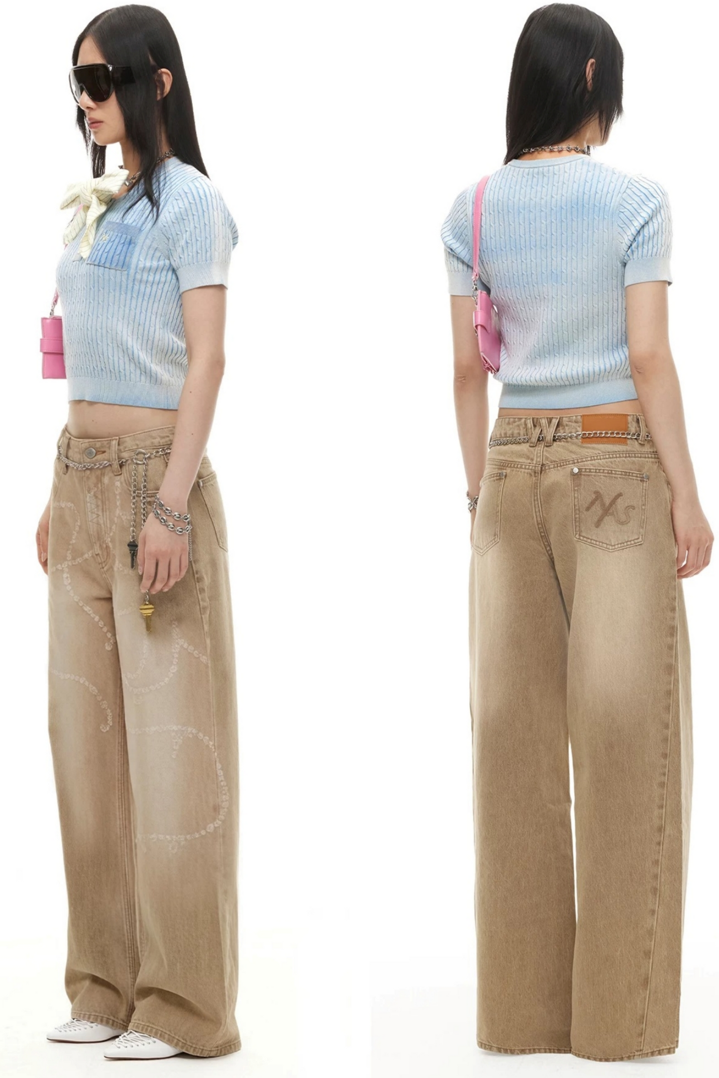 Wide-Leg Diamond Chain Jeans