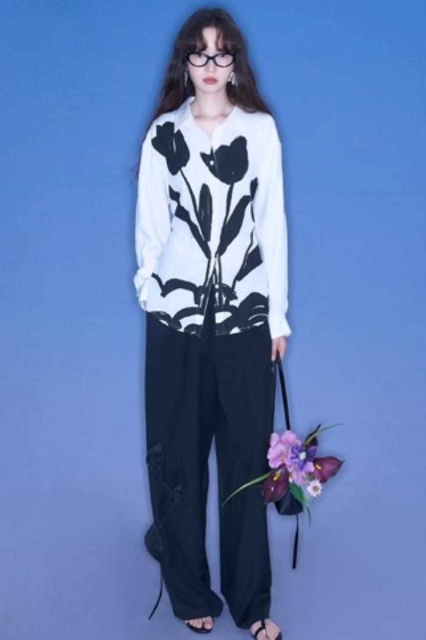 Three-Dimensional Calla Lily Linen Blend Wide-Leg Pants