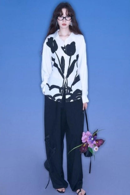 Three-Dimensional Calla Lily Linen Blend Wide-Leg Pants