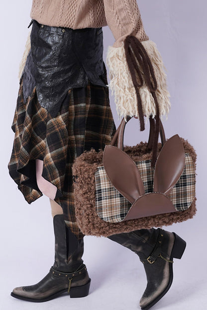 Plaid Rabbit Fur Tote Bag