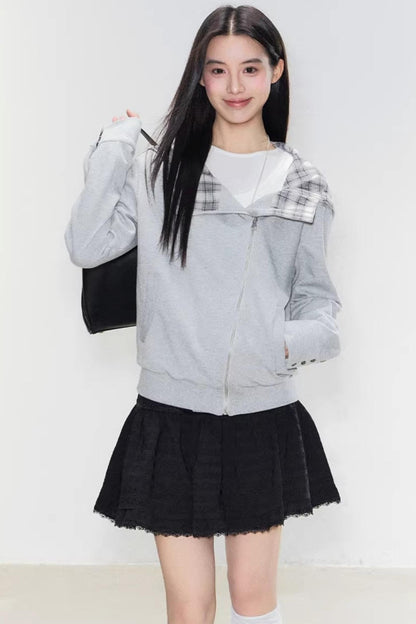 Color-Blocked Plaid Hooded Jacket