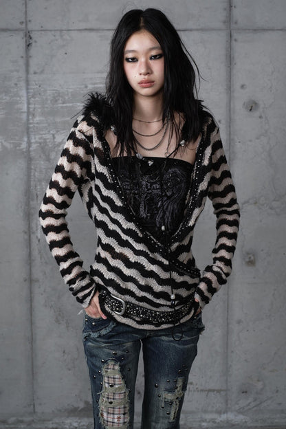 Bandeau Fake Two-Piece Striped Knit Top Set