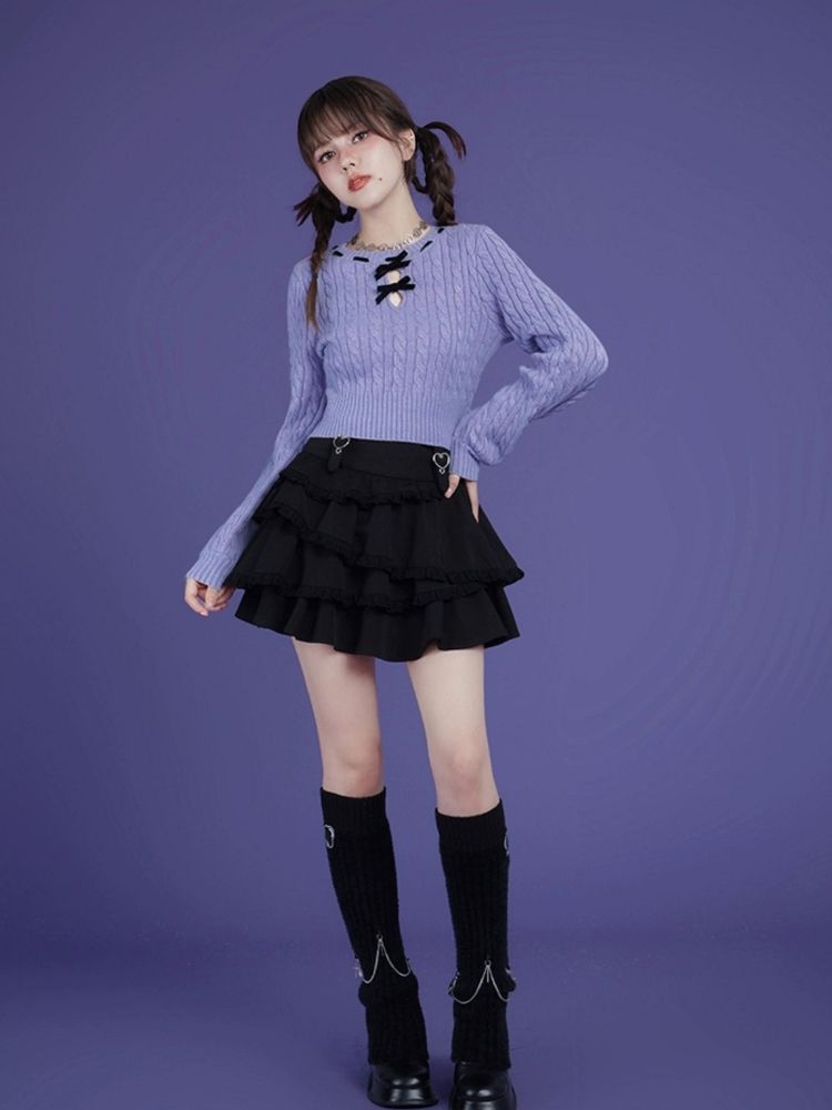 Blue-purple bow twist short sweater