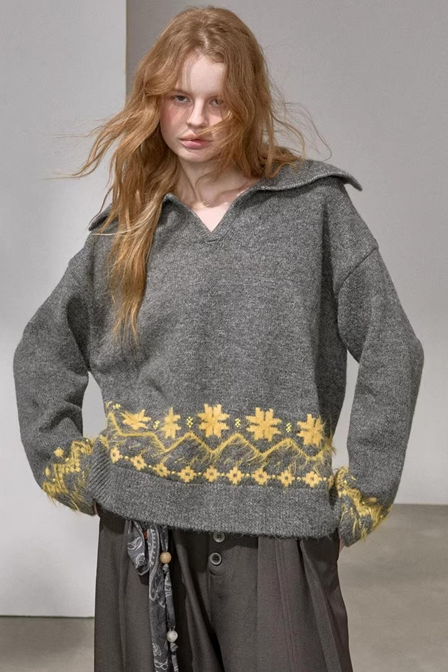 Lace-Up Collar Sweater Set-Up