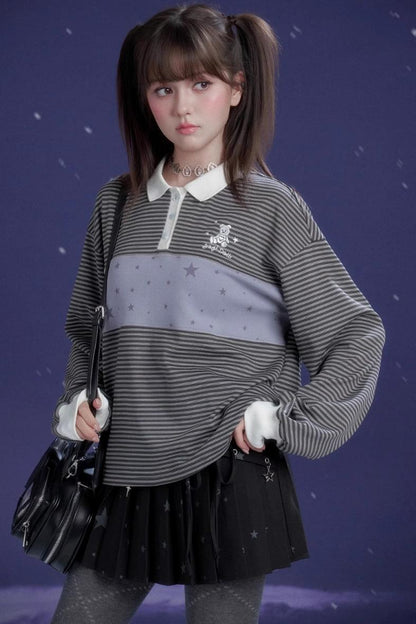 Gray-Purple Striped Polo Top