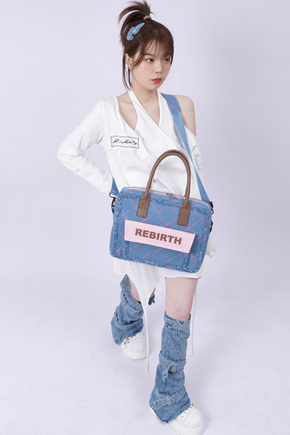 Plaid Denim Laptop Bag