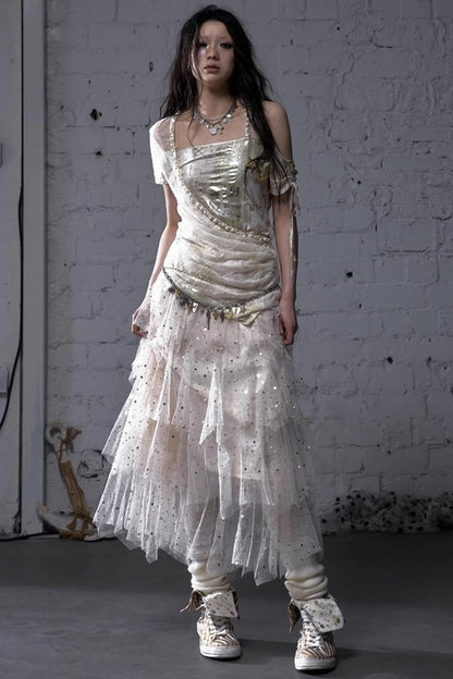 Fairycore Star Tiered Mesh Skirt