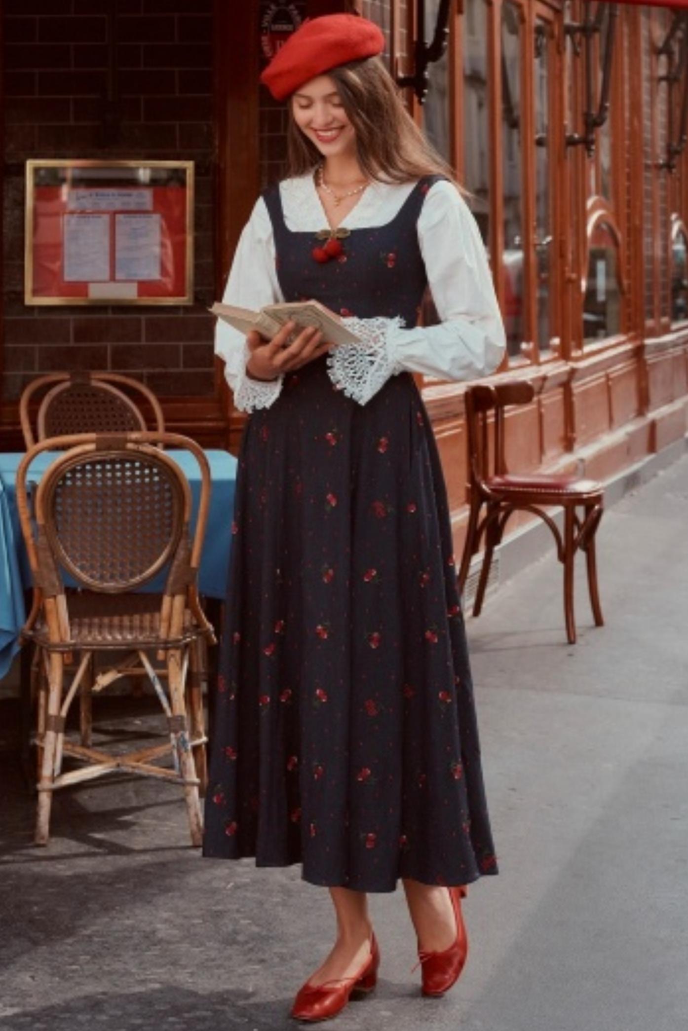 Cherry Lace Embroidered Denim Dress Set-Up