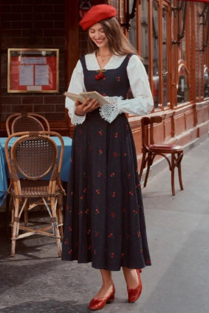 Cherry Lace Embroidered Denim Dress Set-Up