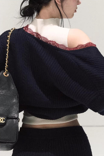 Silk-Gloss Wool Lace Sweater Set-Up