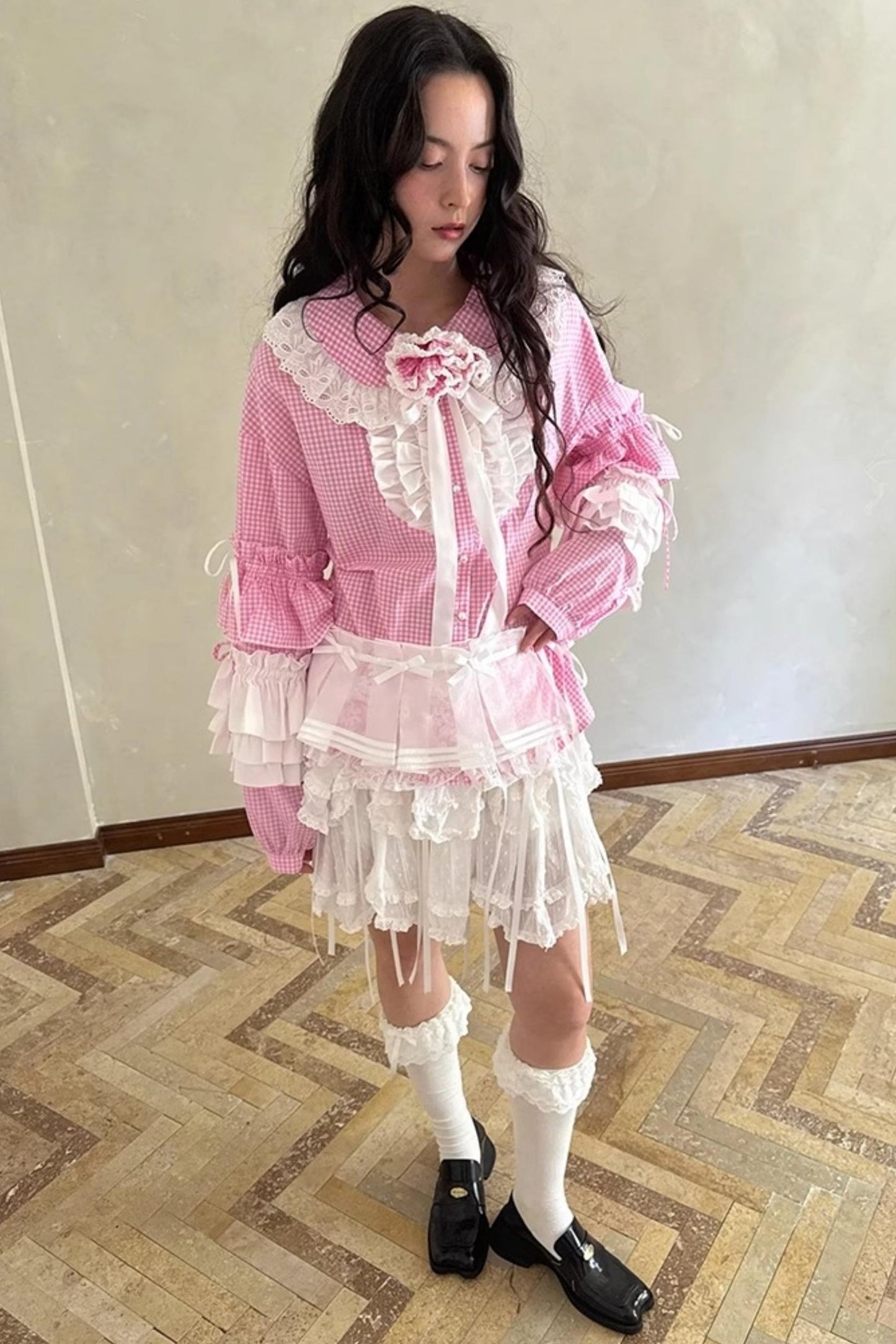 Pink-White Plaid Lace Shirt