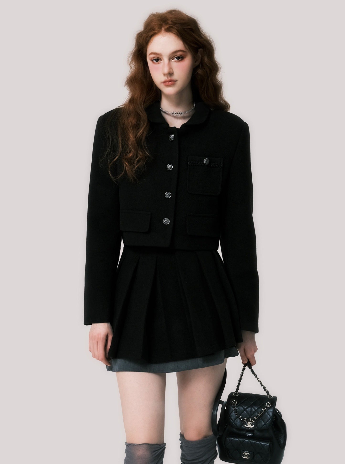 Short coat pleated skirt set