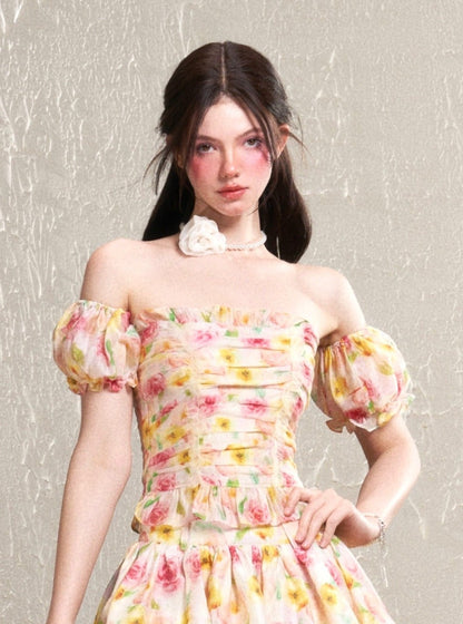 Flower print draw-in bandeau sleeves puff set