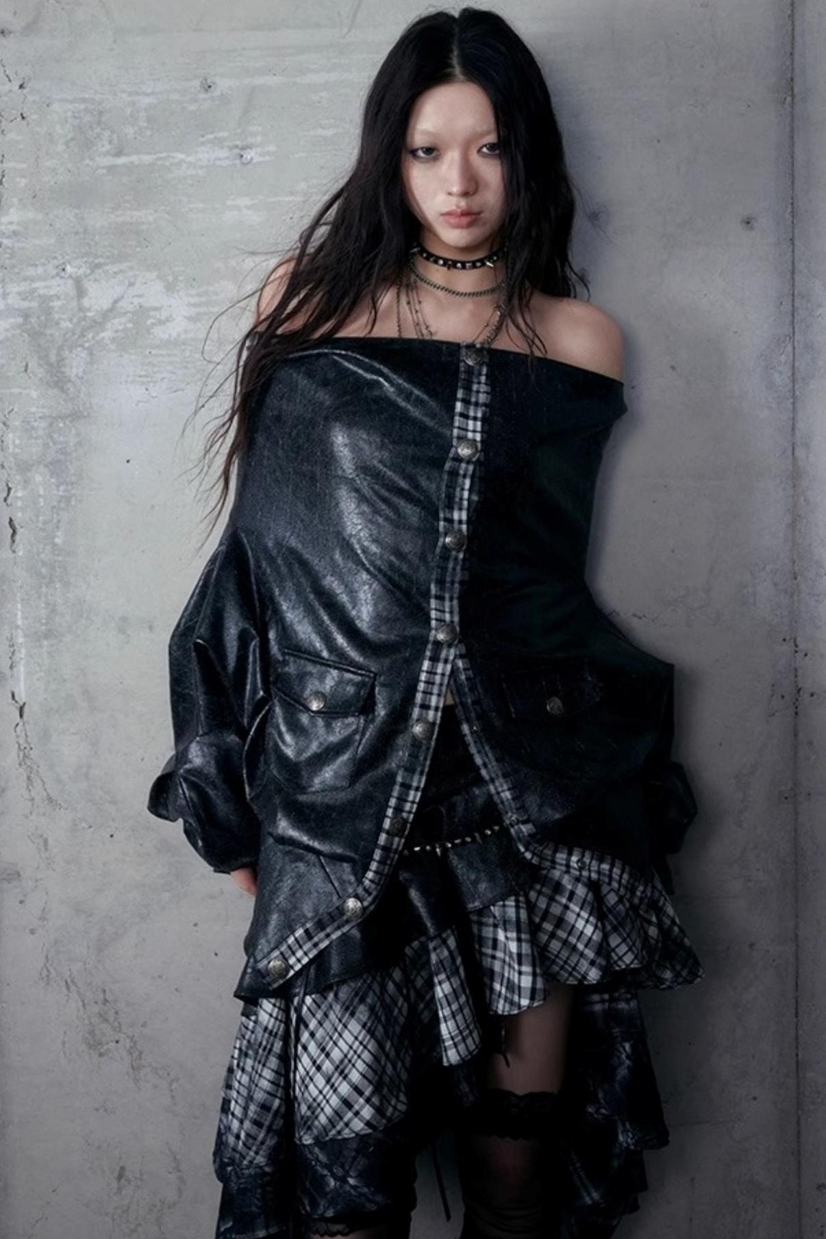 Dark Plaid Leather Top